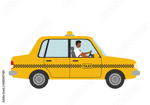 Yellow taxi car with driver checkered stripe detail and a TAXI sign