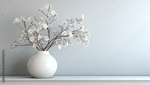 White vase with cherry blossoms on a light gray shelf