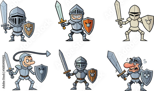 Cartoon medieval knights in armor, funny warrior characters with swords and shields, comic illustration, fantasy battle heroes, vector game design