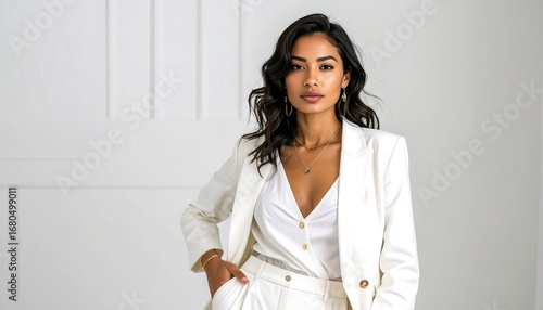 Woman in white suit, studio portrait