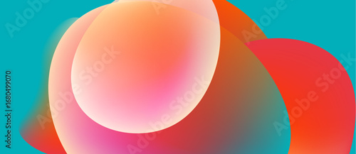 Abstract colorful shapes overlap. Soft gradients create vibrant visual effect. Turquoise background complements warm tones.