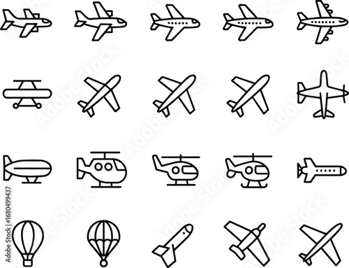 Airplane And Aviation Icons With Helicopters Biplanes And Hot Air Balloons vector illustration