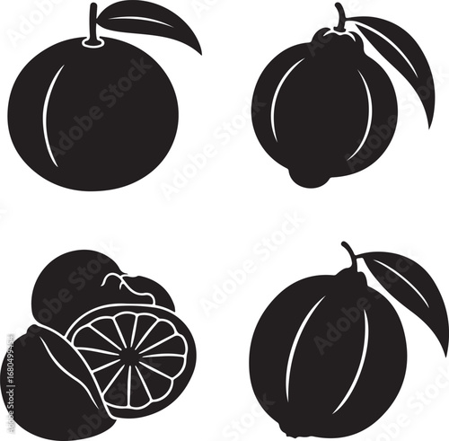 Black citrus fruits with leaves orange lemon