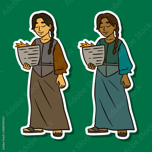 Medieval peasant woman with wheat in traditional attire sticker illustration