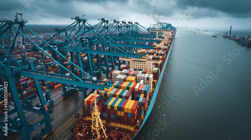 A dynamic time-lapse of a busy container port. Massive cranes load and unload container ships, showcasing the speed of global trade, logistics, and industrial machinery in constant motion.

