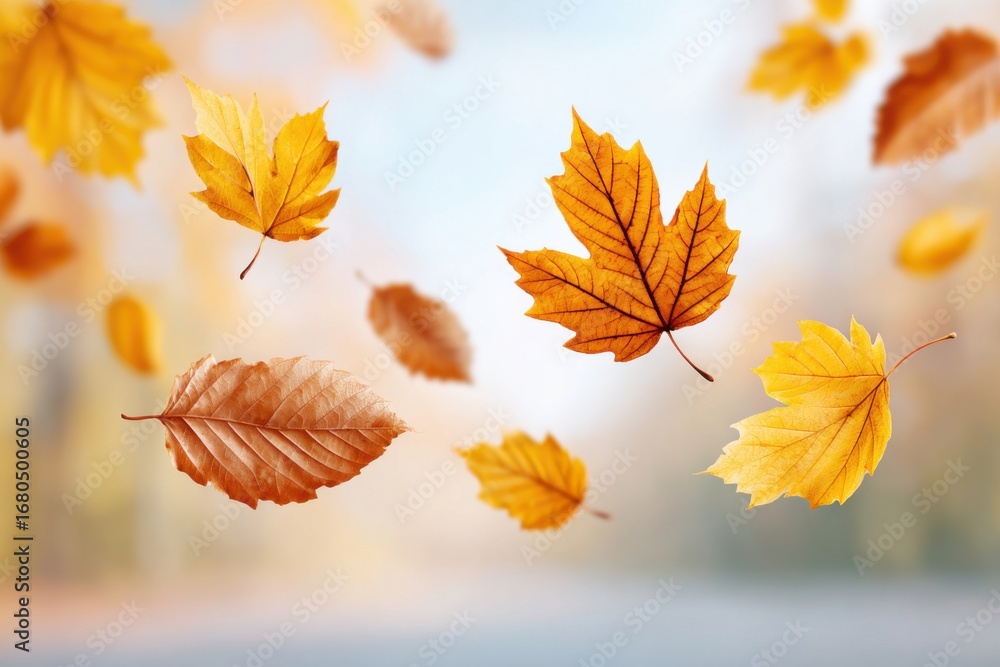Fototapeta premium Colorful autumn leaves falling from trees in a forest
