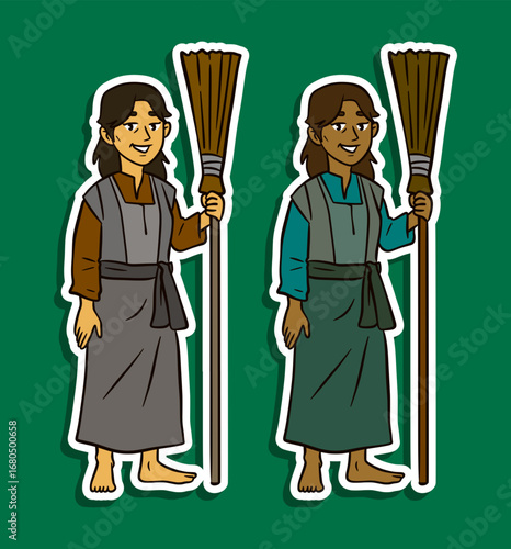 peasant woman holding broom sticker illustration