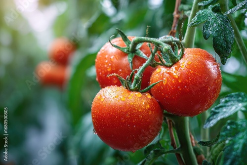 Ripe red tomatoes on the vine, glistening with water droplets (16)