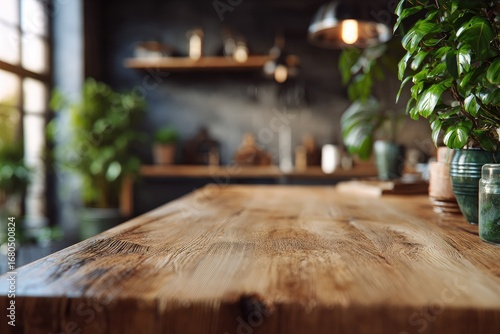 Rustic wooden countertop, blurred kitchen background