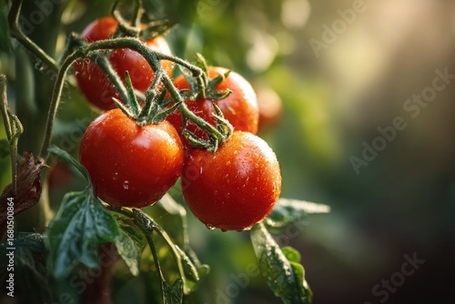 Ripe red tomatoes on the vine, glistening with water droplets (7)