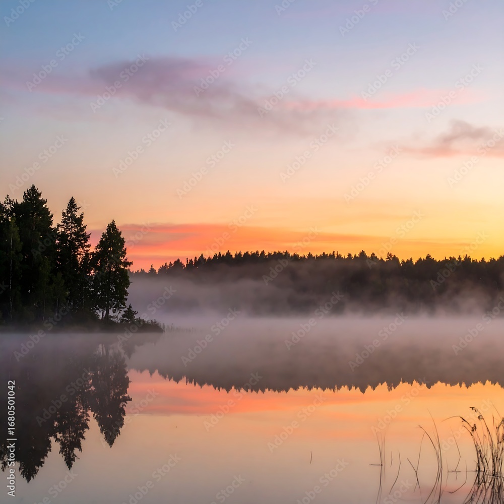 Fototapeta premium Serene sunrise over a misty lake