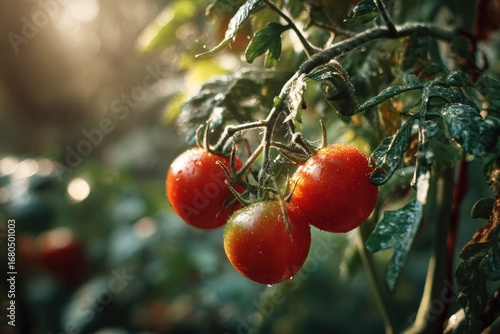 Ripe red tomatoes on the vine, glistening with water droplets, bathed in sunlight (1)