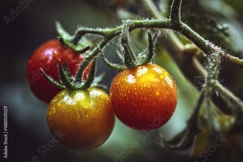 Close-up of three ripening cherry tomatoes on the vine, glistening with water droplets