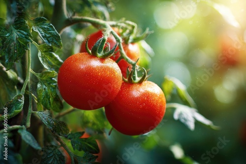Ripe red tomatoes on the vine, glistening with moisture, in a sun-drenched garden (1)