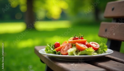 A delicious and healthy meal enjoyed outdoors on a park bench, featuring fresh ingredients and vibrant colors Perfect for a picnic or casual lunch break , sandwich, sunshine