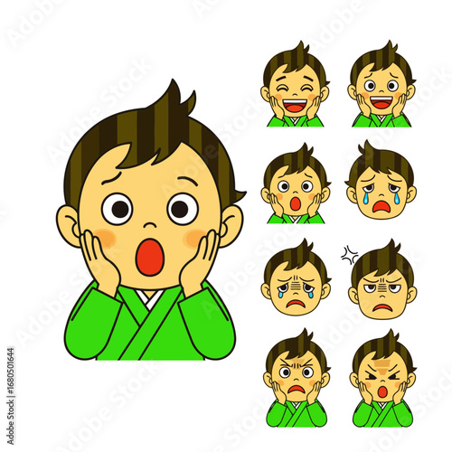 Vector illustrations of a Japanese toddler. This character set includes happy, sad, angry, and surprised expressions in a modern flat design style, perfect for digital projects