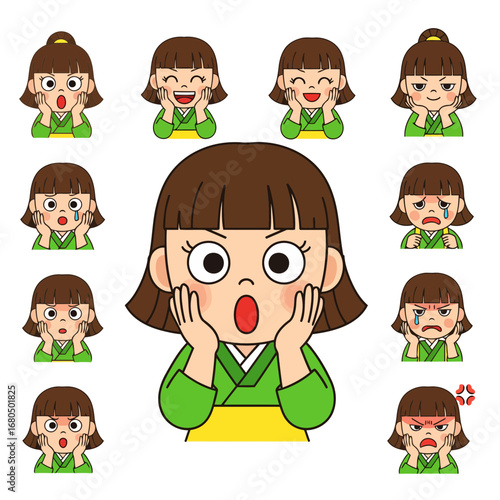 Vector illustrations of a surprised Japanese girl. This character set includes happy, sad, angry, and surprised expressions in a modern flat design style, perfect for digital projects