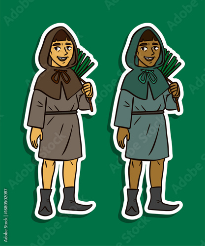 Hooded peasant woman holding twig broom sticker illustration
