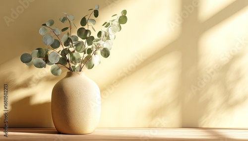 Light-filled room with a vase of eucalyptus