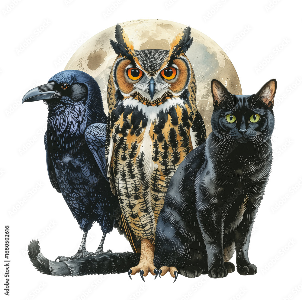 Fototapeta premium Witch’s Familiar Animals Trio - Cat, Owl, Raven, Halloween Clipart, Mystical, Transparent Background, Highly Detailed