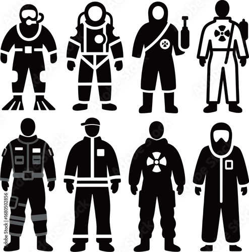 Diverse group of male and female figures in various protective suits representing professions.