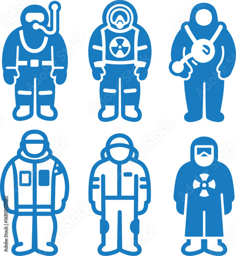 Illustration of six diverse, blue-colored figures in various protective suits.