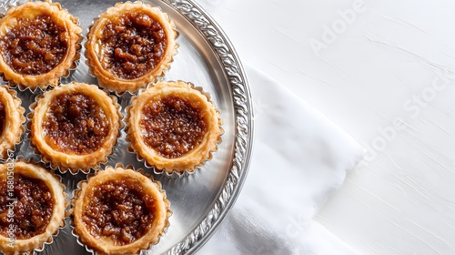 Overhead view of butter tarts arranged on silver plate over white background.