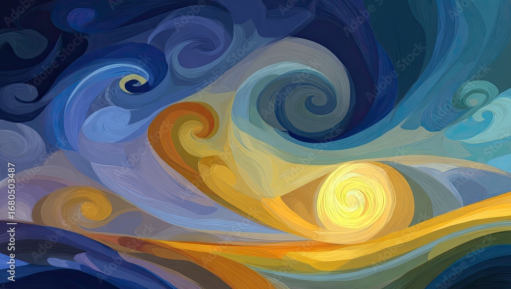 Fototapeta premium Abstract swirling landscape of blues, golds, and browns. Painted with textured brushstrokes