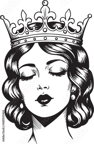 Black and White Illustration of a Regal Woman Wearing a Detailed Crown and Earrings queen