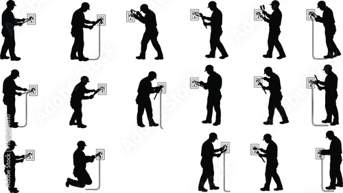 Electrician silhouette fixing power switch, electrical maintenance, control box repair, worker safety check, energy inspection, wiring service, utility work