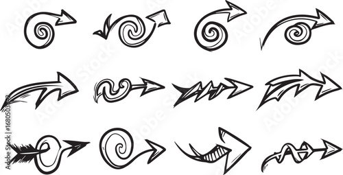 Collection of Hand Drawn Arrow Icons with Swirls and Jagged Edges direction pointer