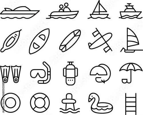 Set of Nautical and Water Sport Icons Including Boats, Surfboards, and Swimming Gear yacht sailboat