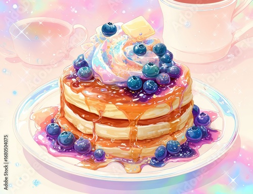 Sweet stack of pancakes, topped with blueberries, whipped cream, and drizzled with syrup.  A pastel, whimsical illustration