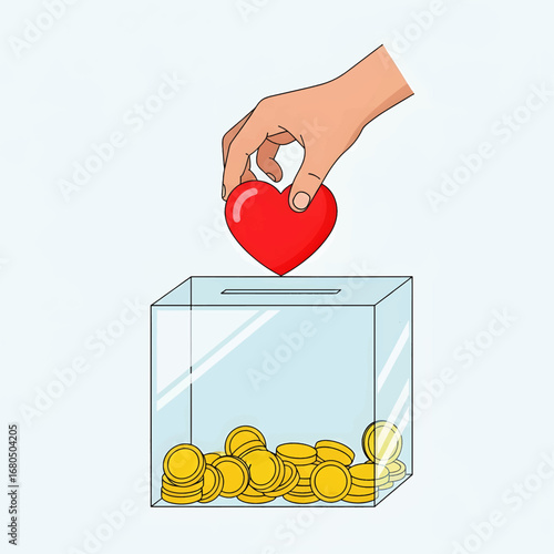 A hand places a red heart into a clear donation box filled with gold coins, symbolizing charity and generosity