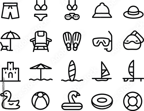 Summer Vacation and Beach Activity Icons with Clothing, Furniture, and Toys shorts bikini