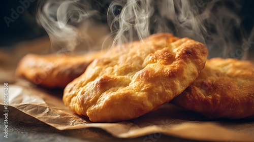 Close-up of hot bannock breads with steam rising from freshly baked surface.