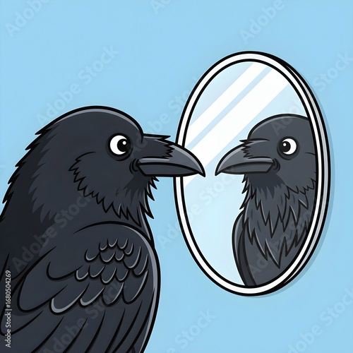 Cute black crow bird looking at its reflection in a mirror