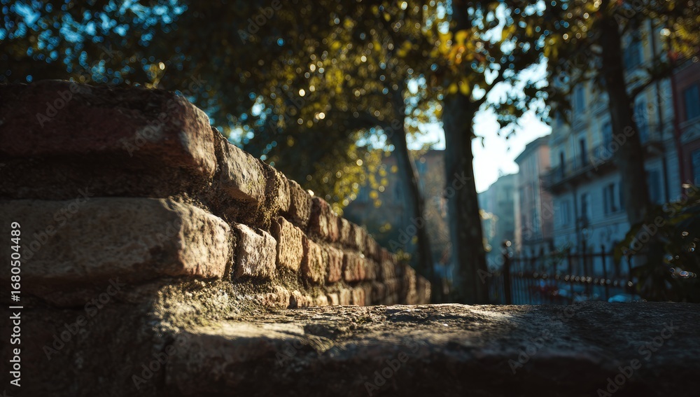 Fototapeta premium Rustic brick wall, sunlight filters through trees, urban backdrop