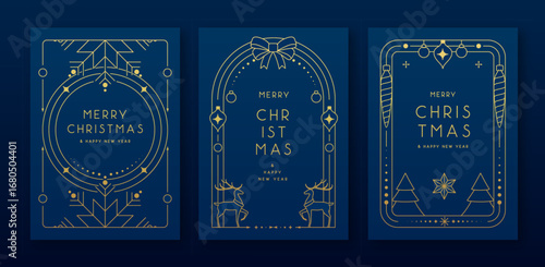 Set of modern Christmas frames or holiday greeting cards on blue background. Line art vector illustration