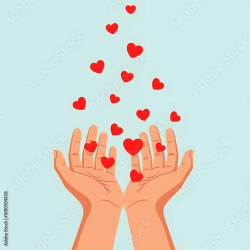 A compassionate concept of giving and sharing love, illustrated by hands releasing floating red hearts against a blue background