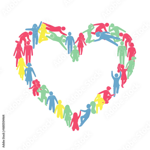 A colorful concept of community and unity with diverse people figures forming a large heart shape to represent love and togetherness