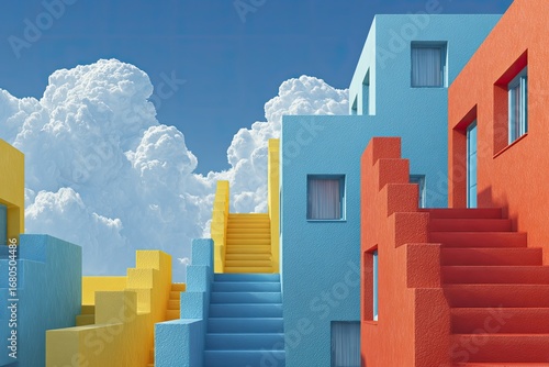 Colorful, stylized buildings with vibrant exterior colors and tiered staircases ascending towards a vibrant blue sky filled with cumulus clouds