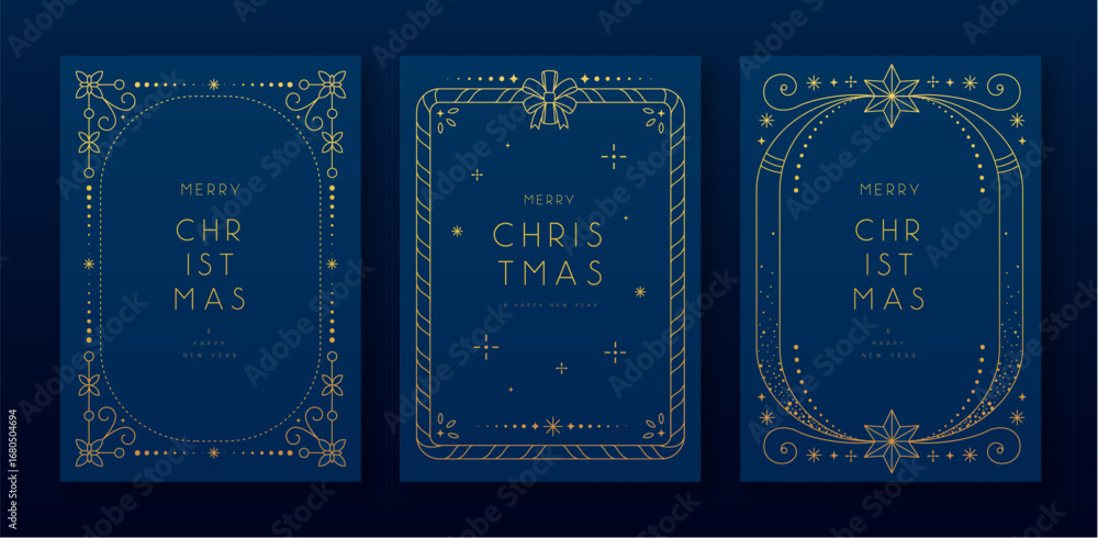 Fototapeta premium Set of modern Christmas frames or holiday greeting cards on blue background. Line art vector illustration