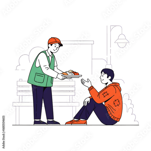 A compassionate volunteer provides a nourishing meal to a homeless person, illustrating an act of charity and community support