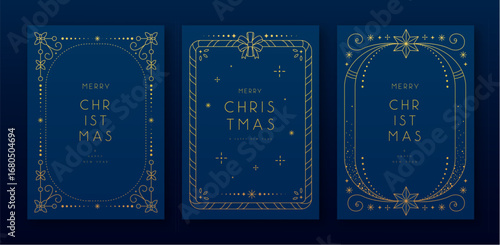 Set of modern Christmas frames or holiday greeting cards on blue background. Line art vector illustration