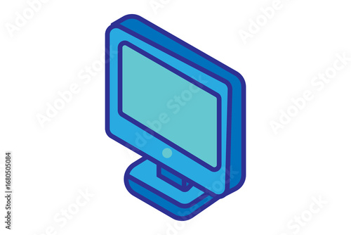 The image shows a 3D computer monitor icon in blue tones. The monitor has a rectangular screen with a light blue display area, surrounded by a darker blue frame