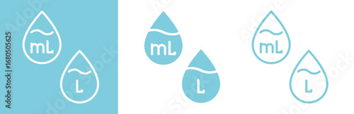 flat and linear set icons, liter icon, drop liquid, capacity water, simple symbols on white and black background - editable stroke vector illustration