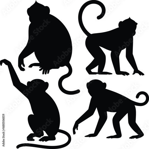 Set of Monkey Silhouettes in Various Poses Isolated on White Background – Vector Graphic for Wildlife, Nature, Jungle, and Animal Themes