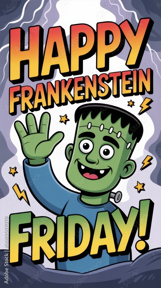 Obraz premium Celebrate Friday with a cheerful Frankenstein greeting card design that brings joy to all ages with its playful colors and whimsical charm. Frankenstein Friday, Halloween