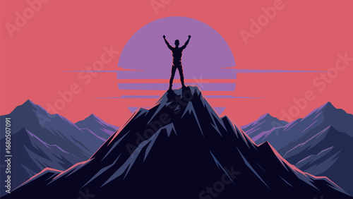 Achieving Goals and Success Man on Mountain Peak Celebrating Victory with Sunset Background for Motivation Inspiration and Determination Concept